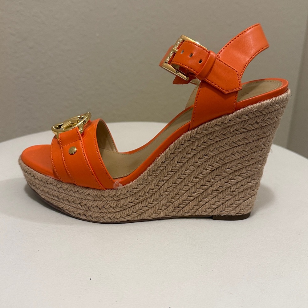 #244. Michael Kors Orange Platform Espadrille Wedges with Gold MK Hardware - Picture 3 of 5